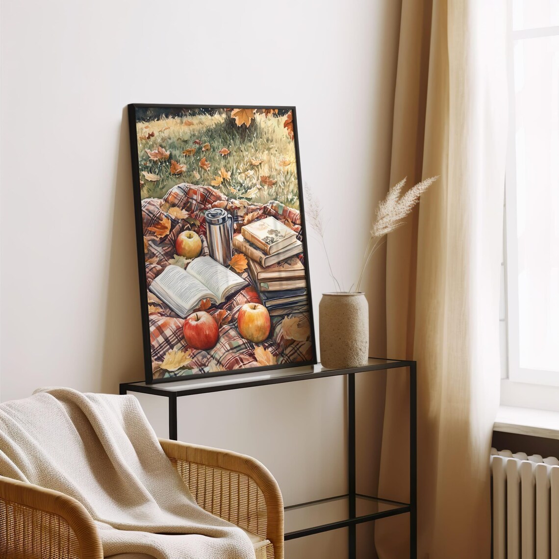 Autumn Picnic With Books Apples and Thermos Watercolor Poster - Image 4
