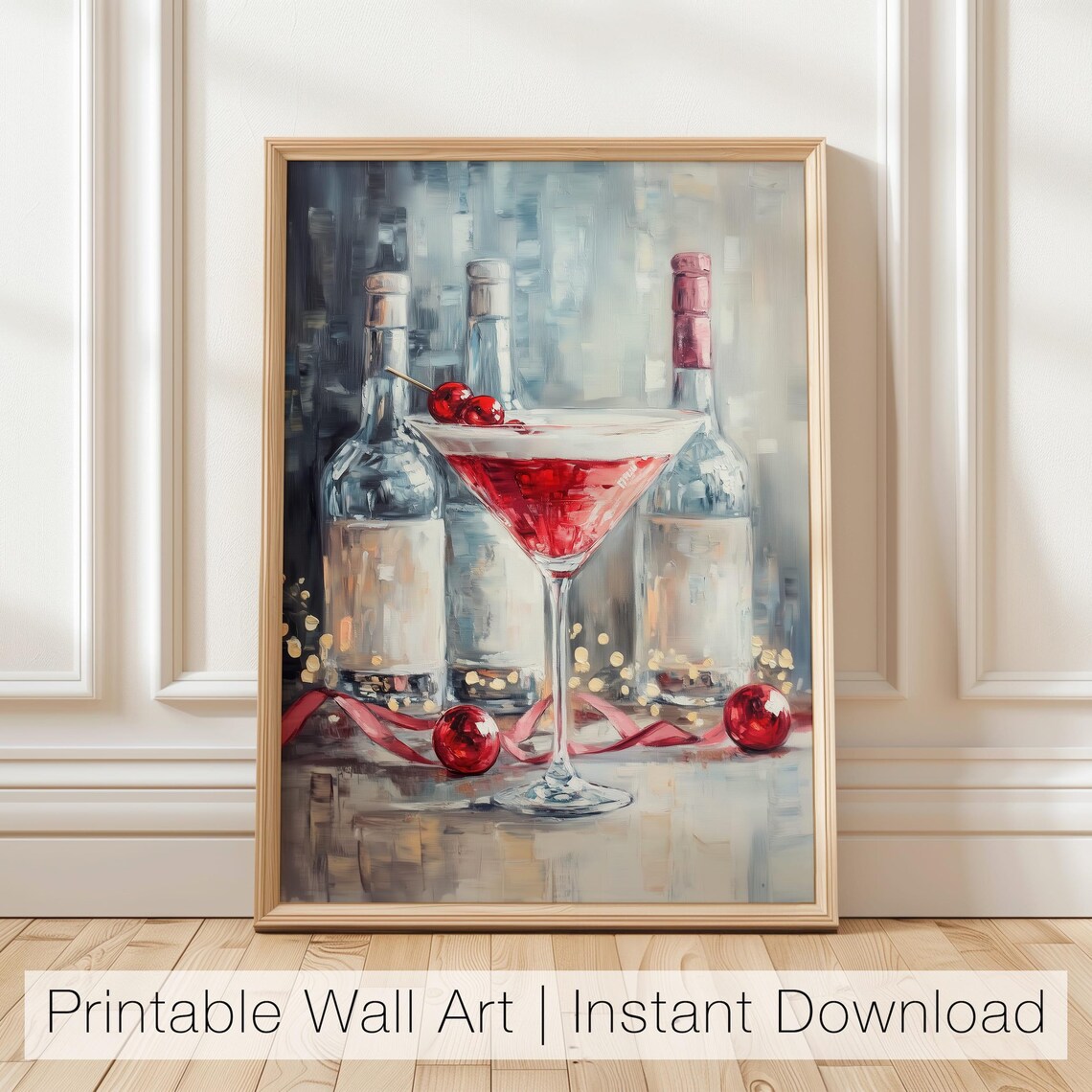 Cosmopolitan Cocktail Painting with Cranberries and Bottles Bar Art Poster