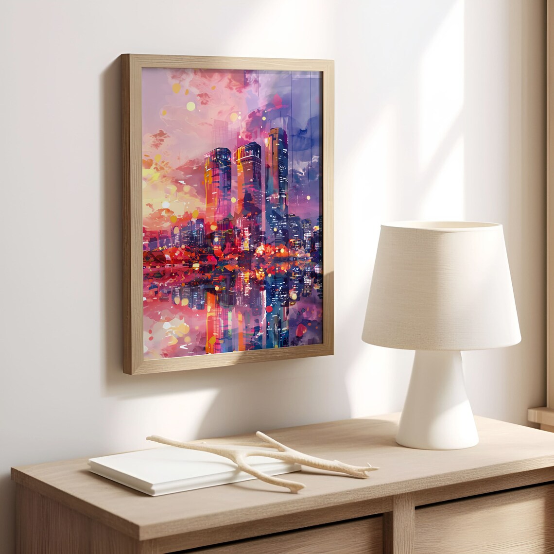 Modern Cityscape Sunset Neon Watercolor Urban Skyline Decor Wall Art - Image 6