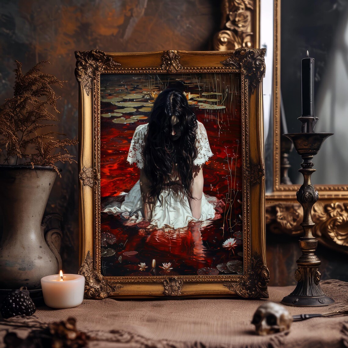 Gothic Woman White Dress Dark Red Water Lily Pond Art Poster - Image 2
