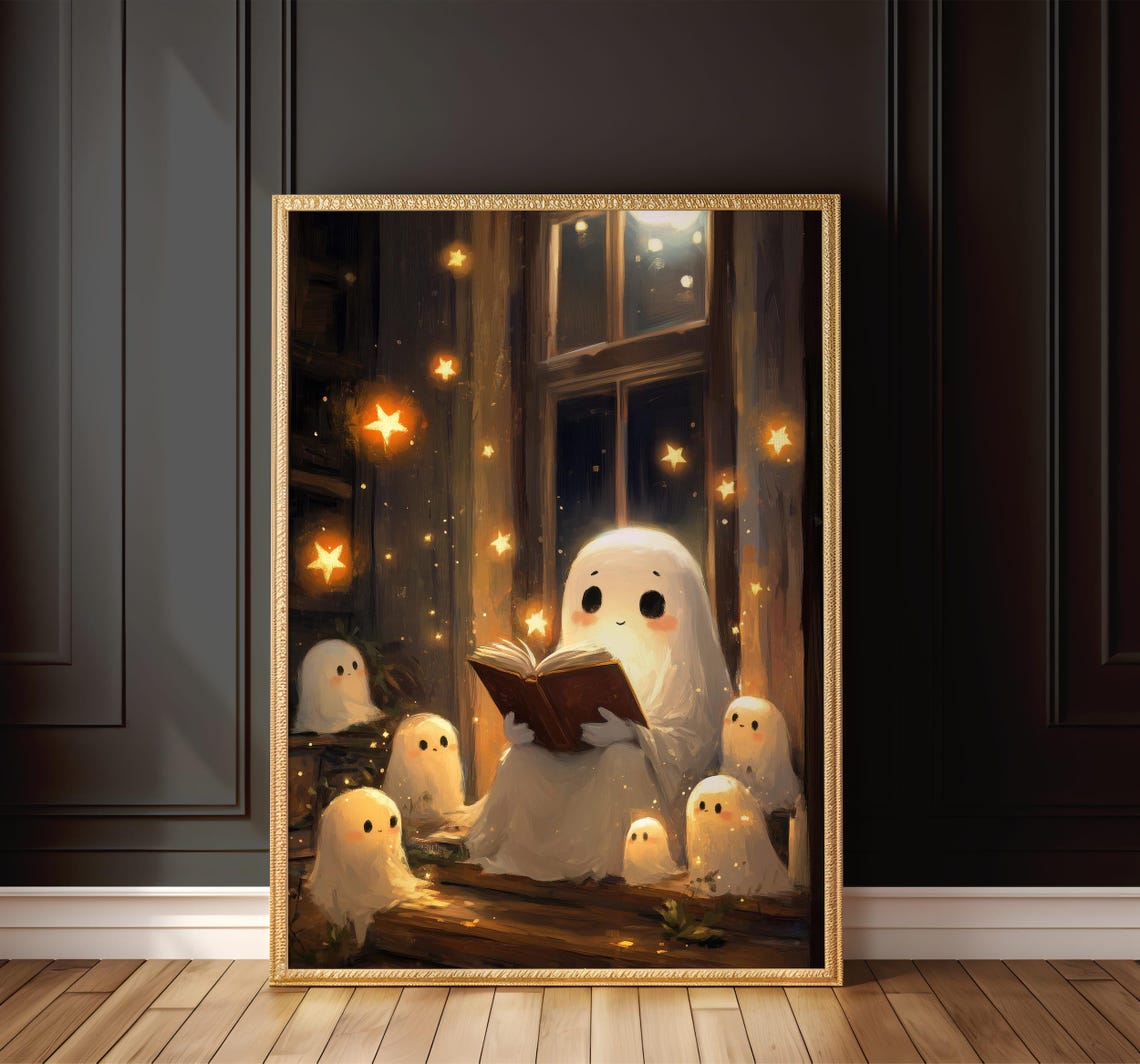 Cute Ghosts Reading a Book Together by the Window Halloween Poster