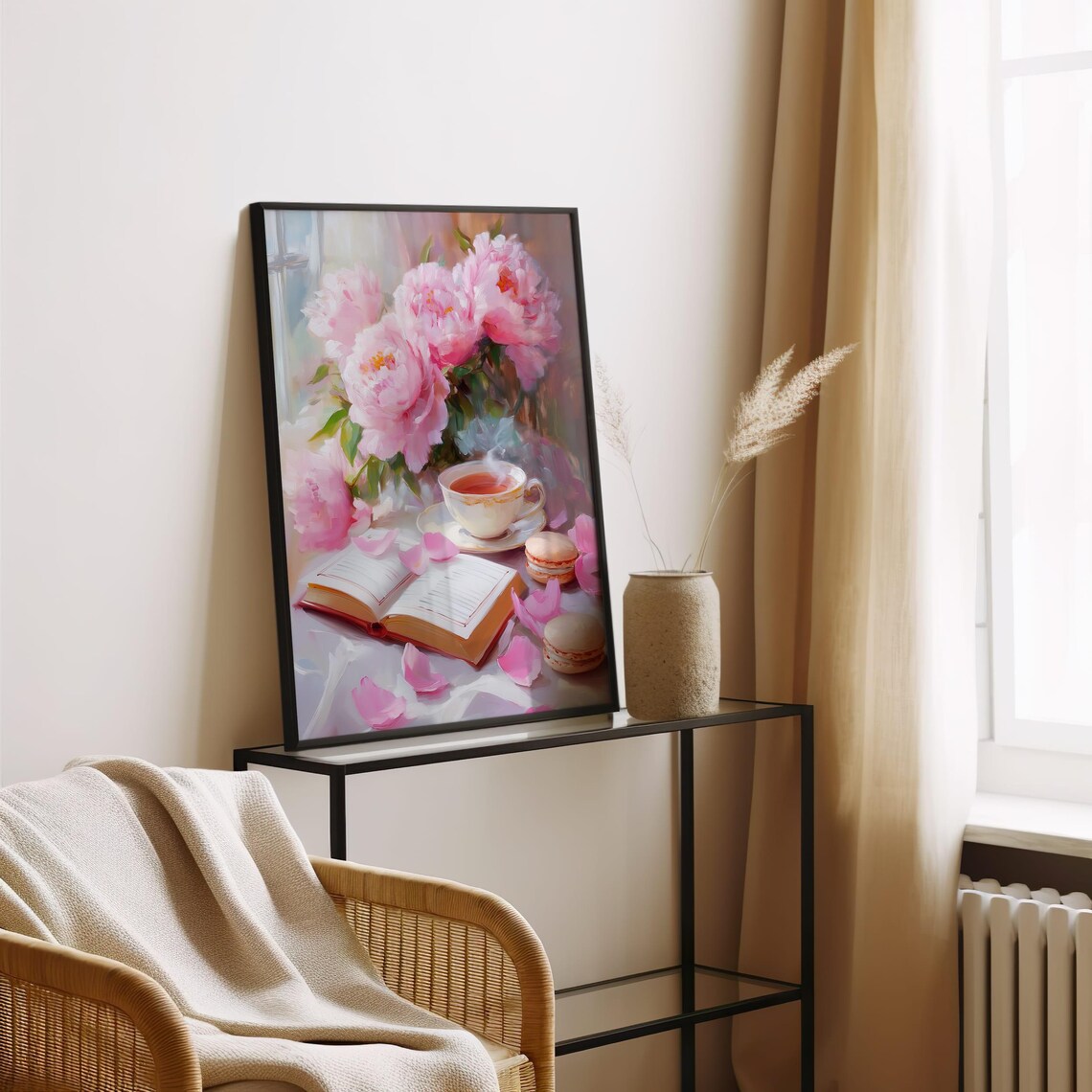 Pink Peonies with Open Book Tea and Macarons Floral Bookish Art Poster - Image 4
