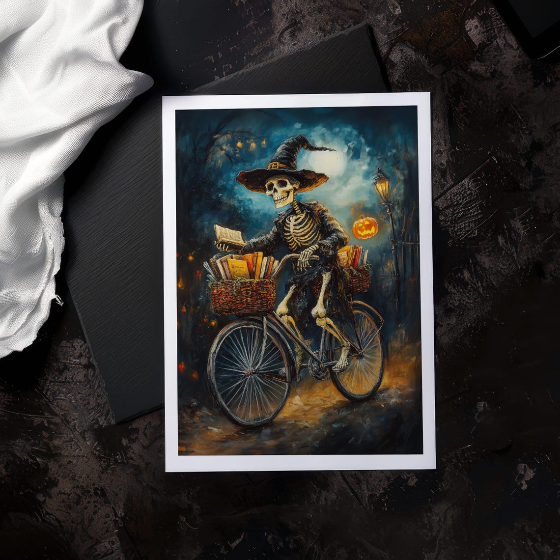 Skeleton Witch Riding Bicycle With Books On Halloween Night Poster - Image 5