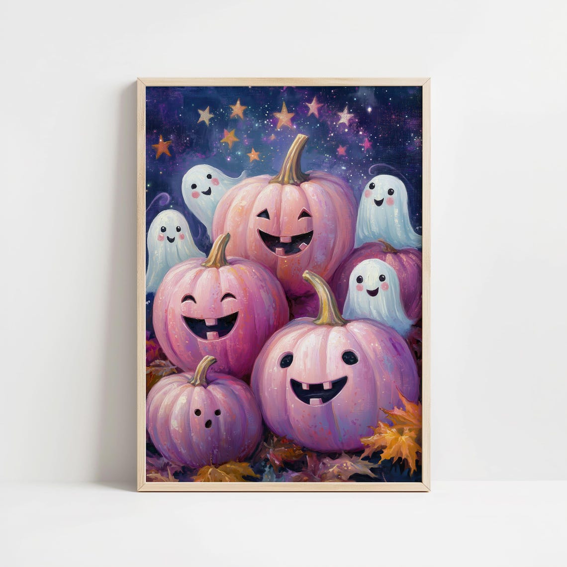 Pink Pumpkins Happy Ghosts Starry Night Cute Halloween Season Poster - Image 2