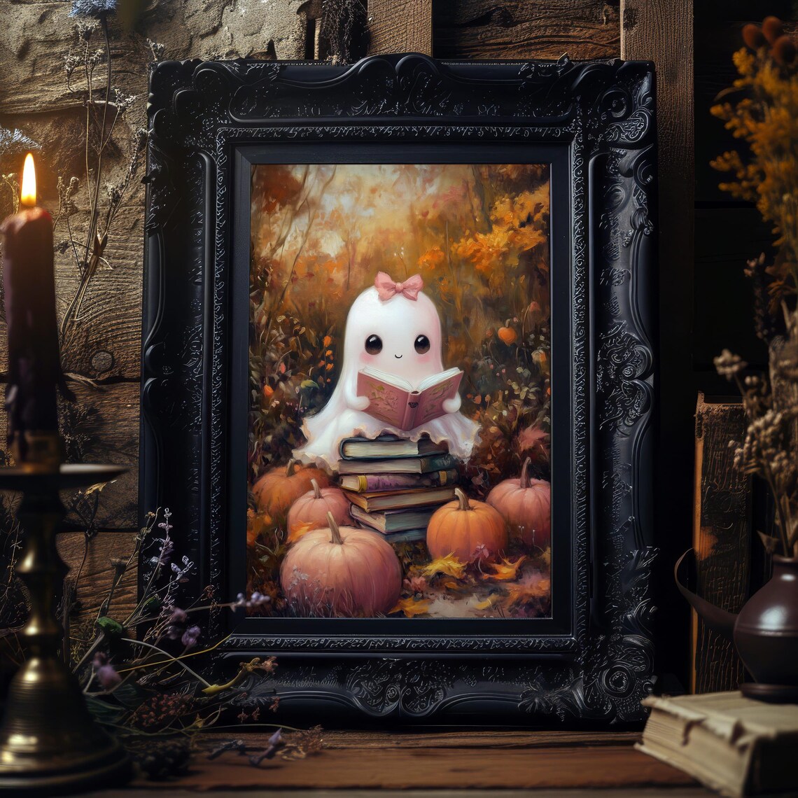 Cute Ghost Reading Art Print Pink Halloween Book Decor Adorable Autumn Wall Art Cozy Fall Artwork - Image 3