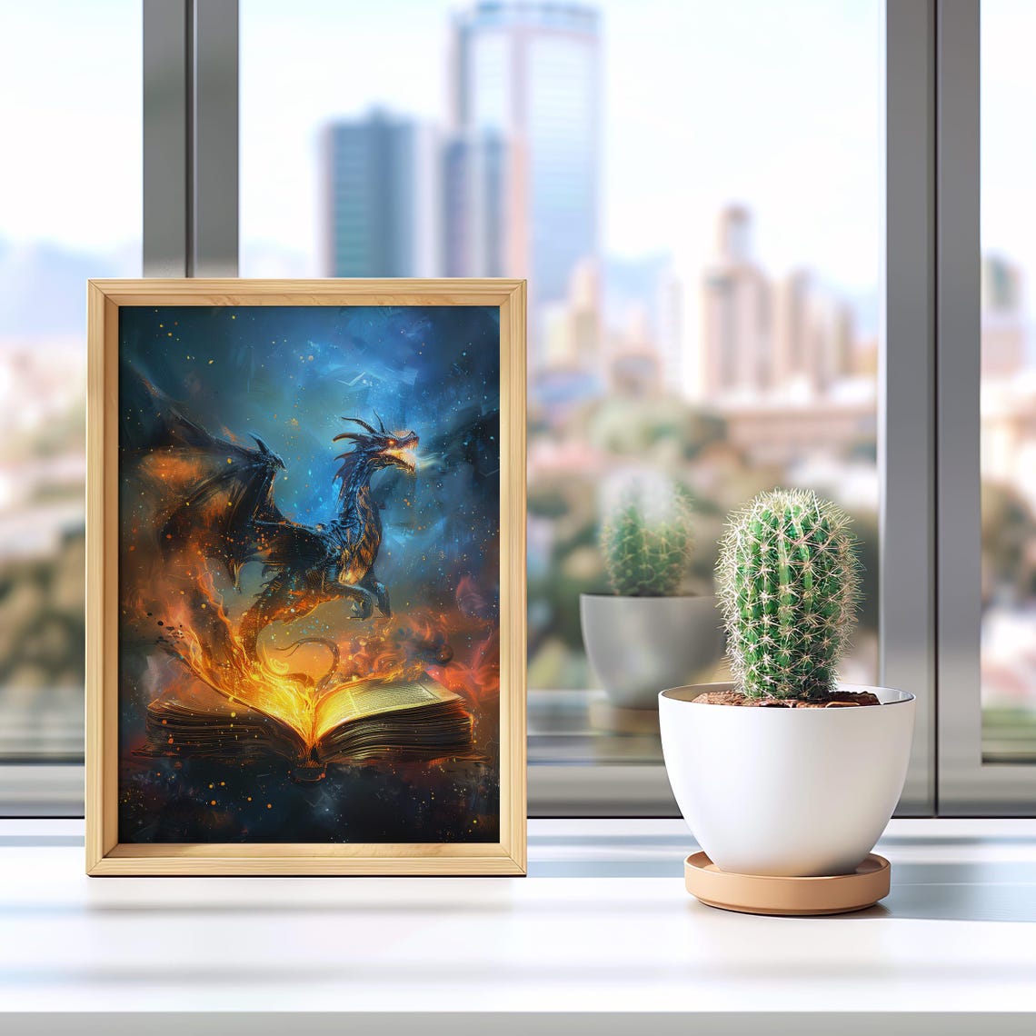 Fiery Dragon Emerging from Burning Open Book Fantasy Magic Art Poster - Image 5