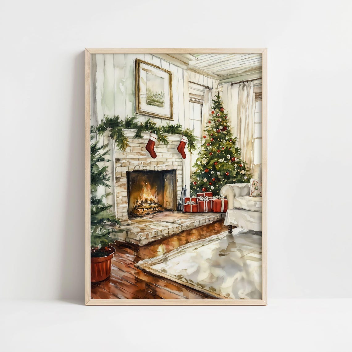 Watercolor Christmas Fireplace With Stockings Holiday Poster - Image 8