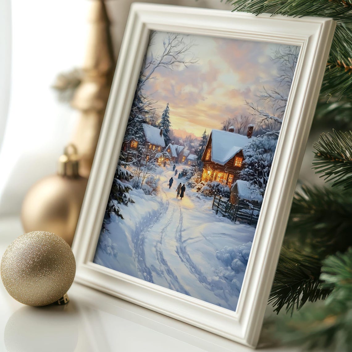 Cozy Snowy Village Street at Dusk With Glowing Cottages Poster - Image 3
