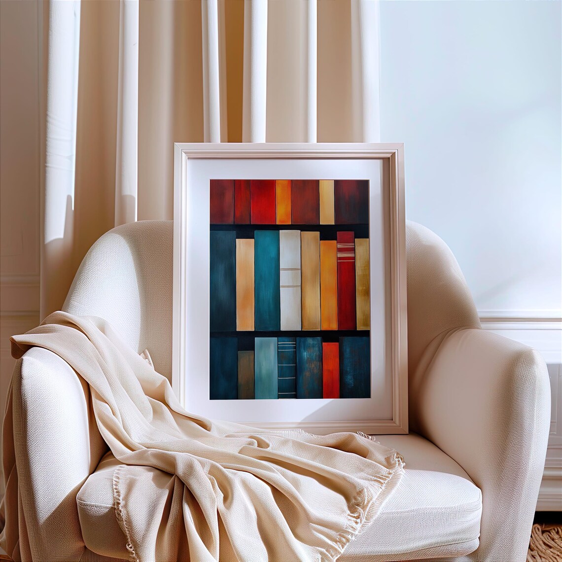 Abstract Colorful Bookshelf Oil Painting Teal Red Book Spines Poster - Image 3