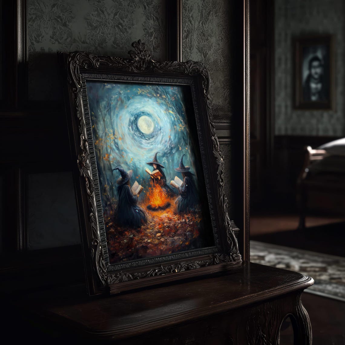 Three Witches Reading by Campfire Moonlit Forest Gothic Poster - Image 3