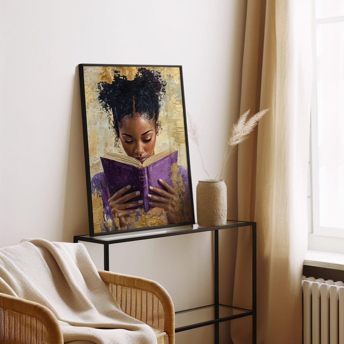 African American Woman Reading Purple Book Gold Leaf Art Poster - Image 4