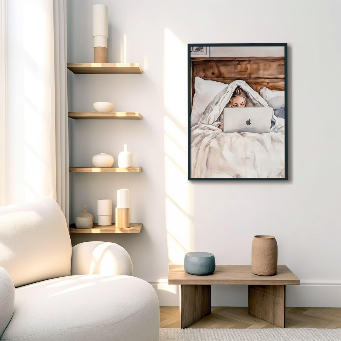Cozy Woman In Bed With Laptop Work From Home Watercolor Poster - Image 5
