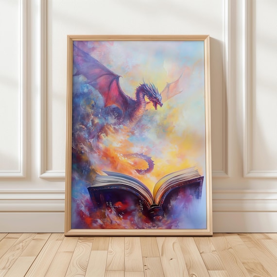 Fantasy Dragon Art Print Magical Book Adventure Colorful Wall Art Imaginative Fantasy Decor