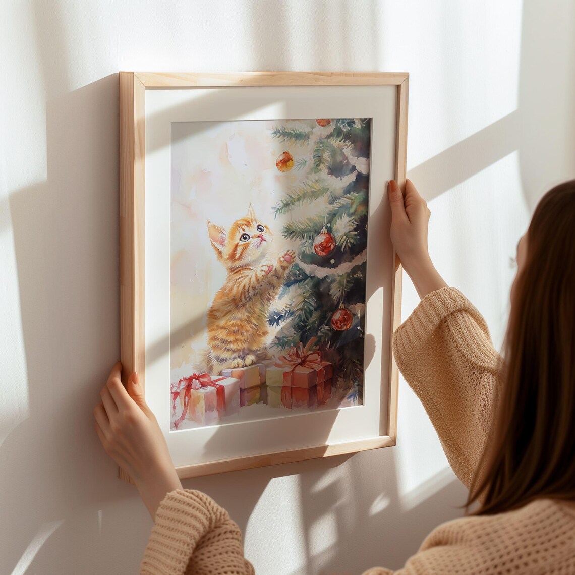 Ginger Kitten Reaching for Christmas Tree Ornaments Watercolor Art Poster - Image 5