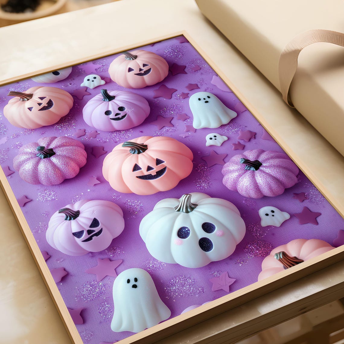 Pastel Purple Pumpkins Tiny Ghosts Halloween Flat Lay Style Wall Art - Image 2