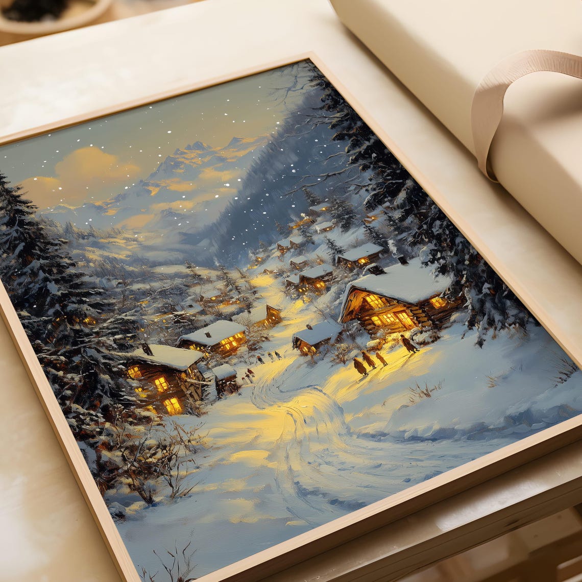 Snowy Village at Dusk with Glowing Cabins Winter Mountain Scene Poster - Image 4