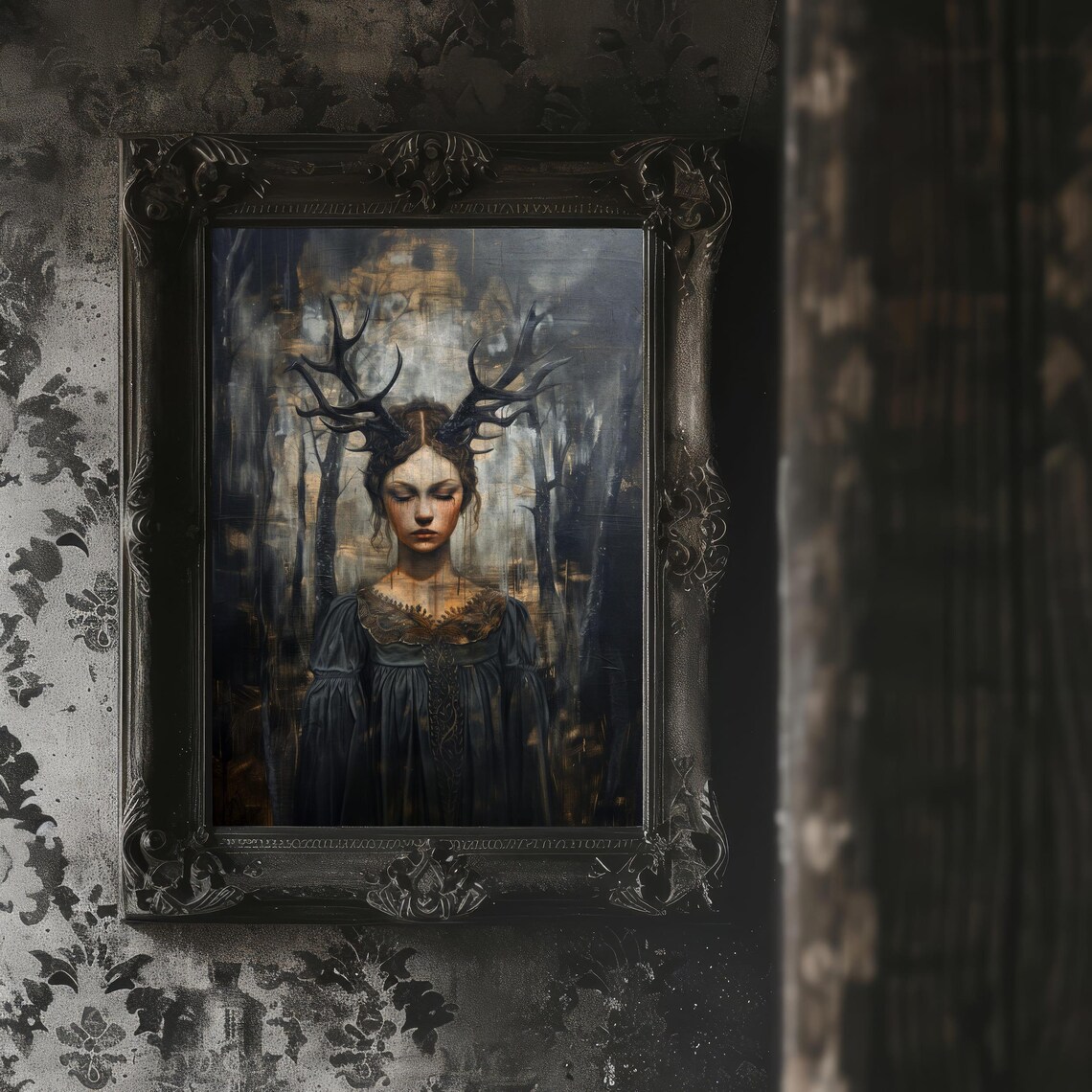 Gothic Antlered Woman Dark Forest Mystery Portrait Art Poster - Image 2