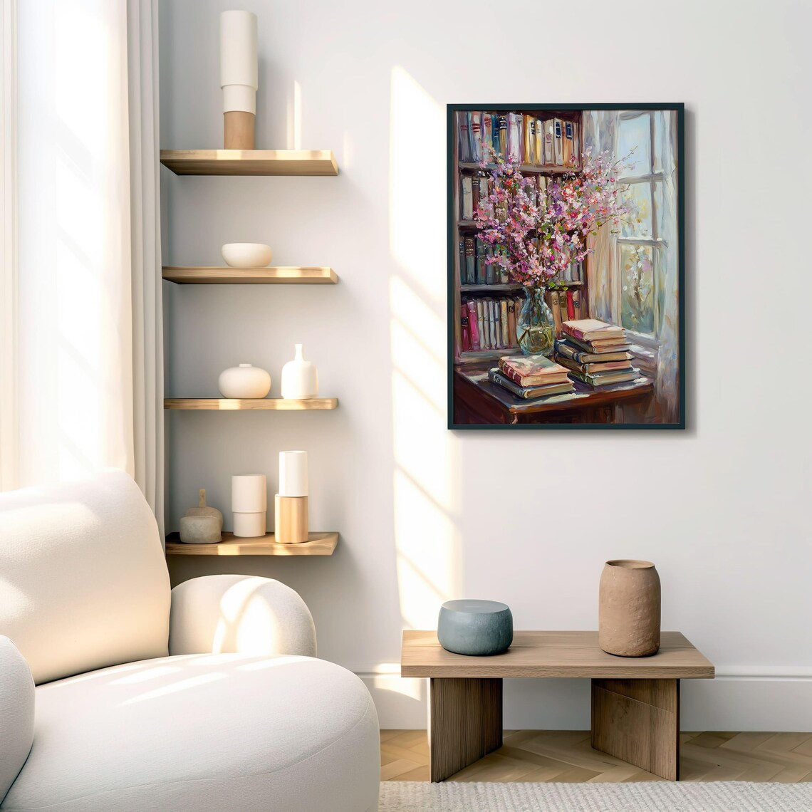 Vintage Bookshelf With Pink Blossoms By Sunlit Window Poster - Image 5