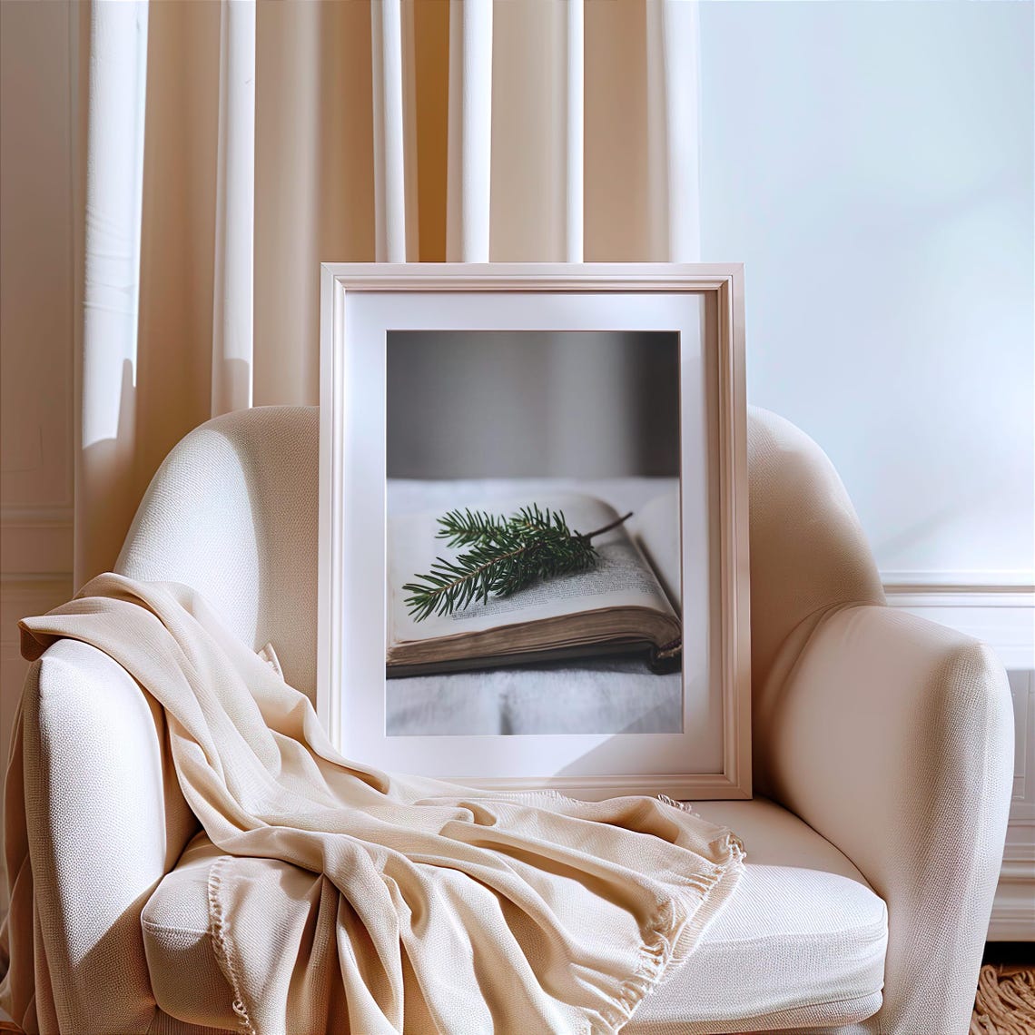 Evergreen Branch On Open Book Minimalist Winter Photo Poster - Image 3