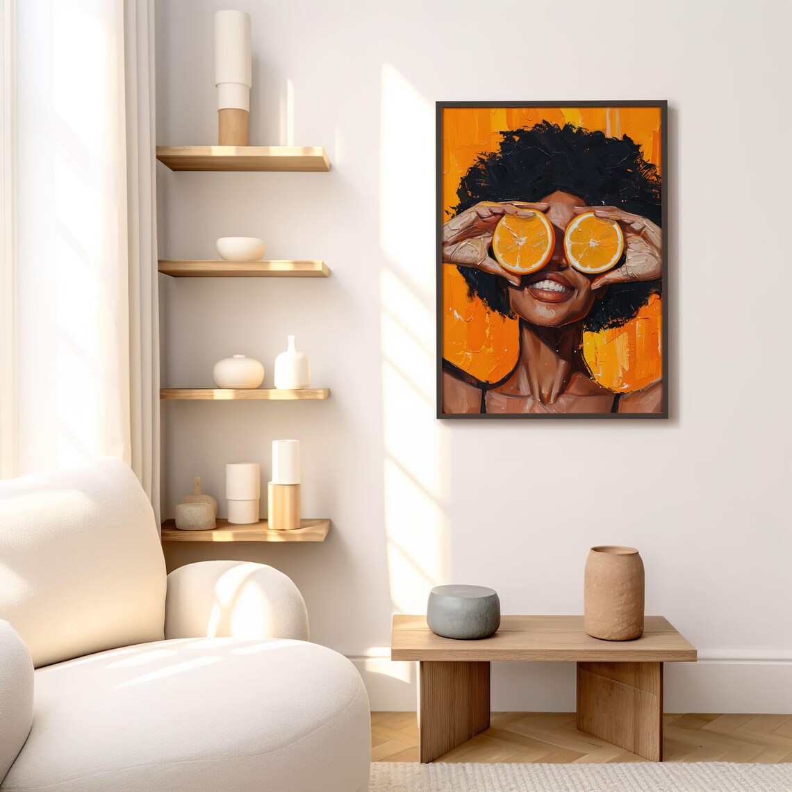 Vibrant Black Woman Holding Orange Slices Over Her Eyes Poster - Image 7