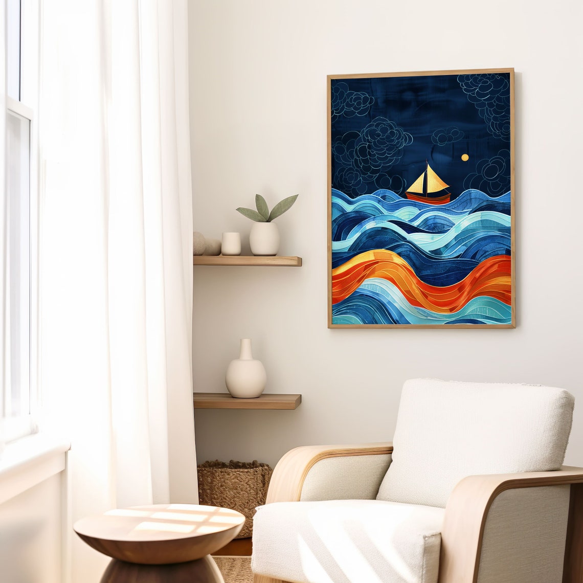 Golden Sailboat Night Waves Stylized Ocean Seascape Art Poster - Image 5