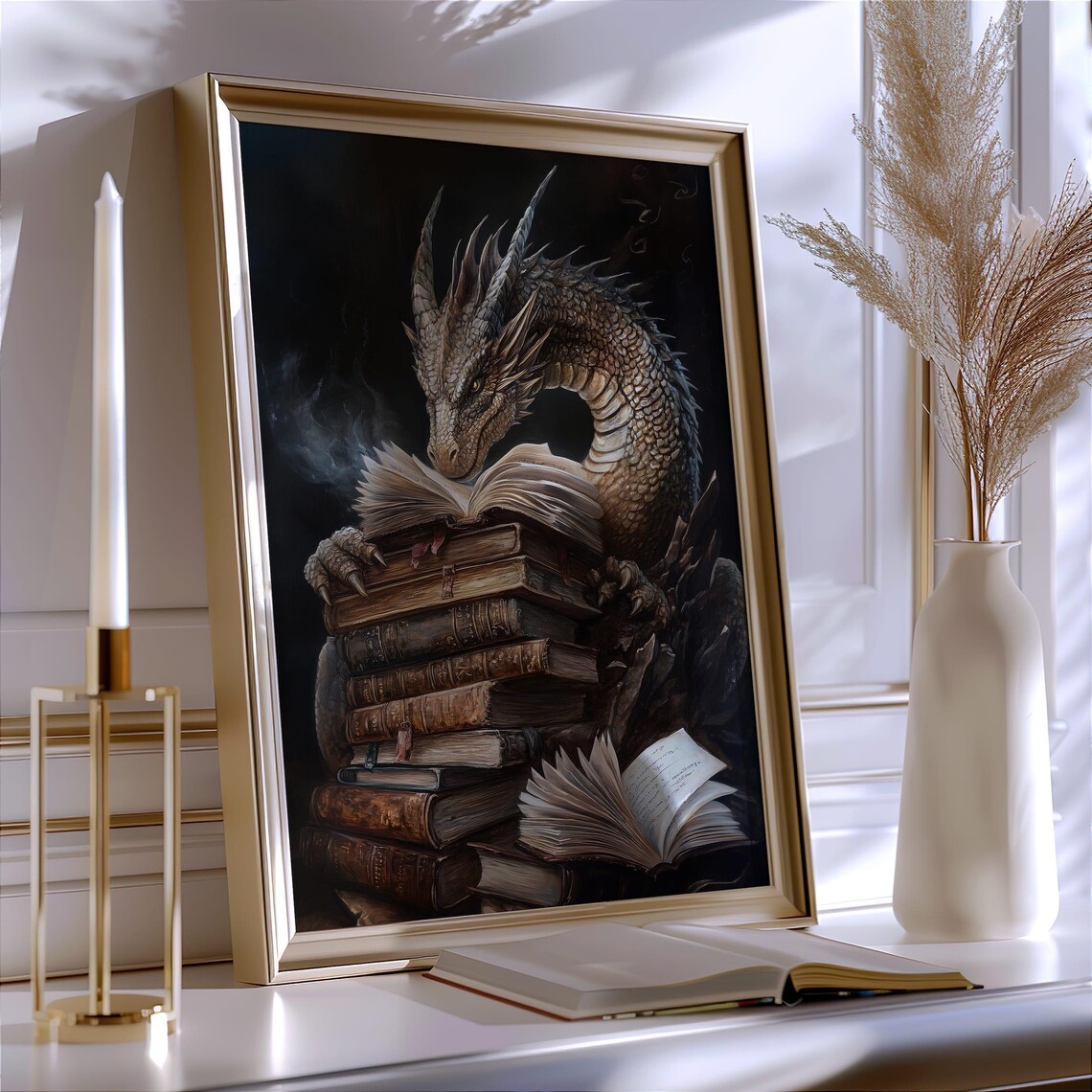 Fantasy Dragon Book Art Print, Mythical Library Decor - Image 2
