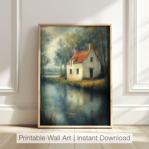 Vintage Cottage Wall Art Rustic River Landscape Country Home Decor Serene Nature Art Farmhouse Wall Decor