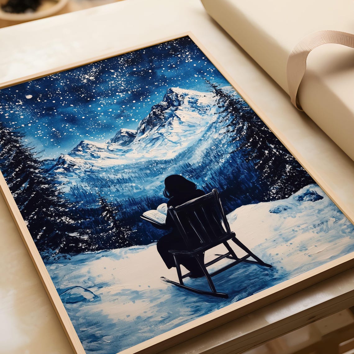 Reader in Rocking Chair Under Starry Night Snowy Mountain View Poster - Image 4
