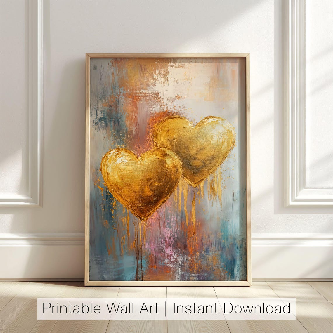 Pair Of Gold Hearts Abstract Dripping Paint Romantic Art Poster