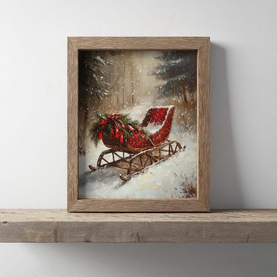 Vintage Winter Sleigh Christmas Wall Art, Rustic Holiday Decor