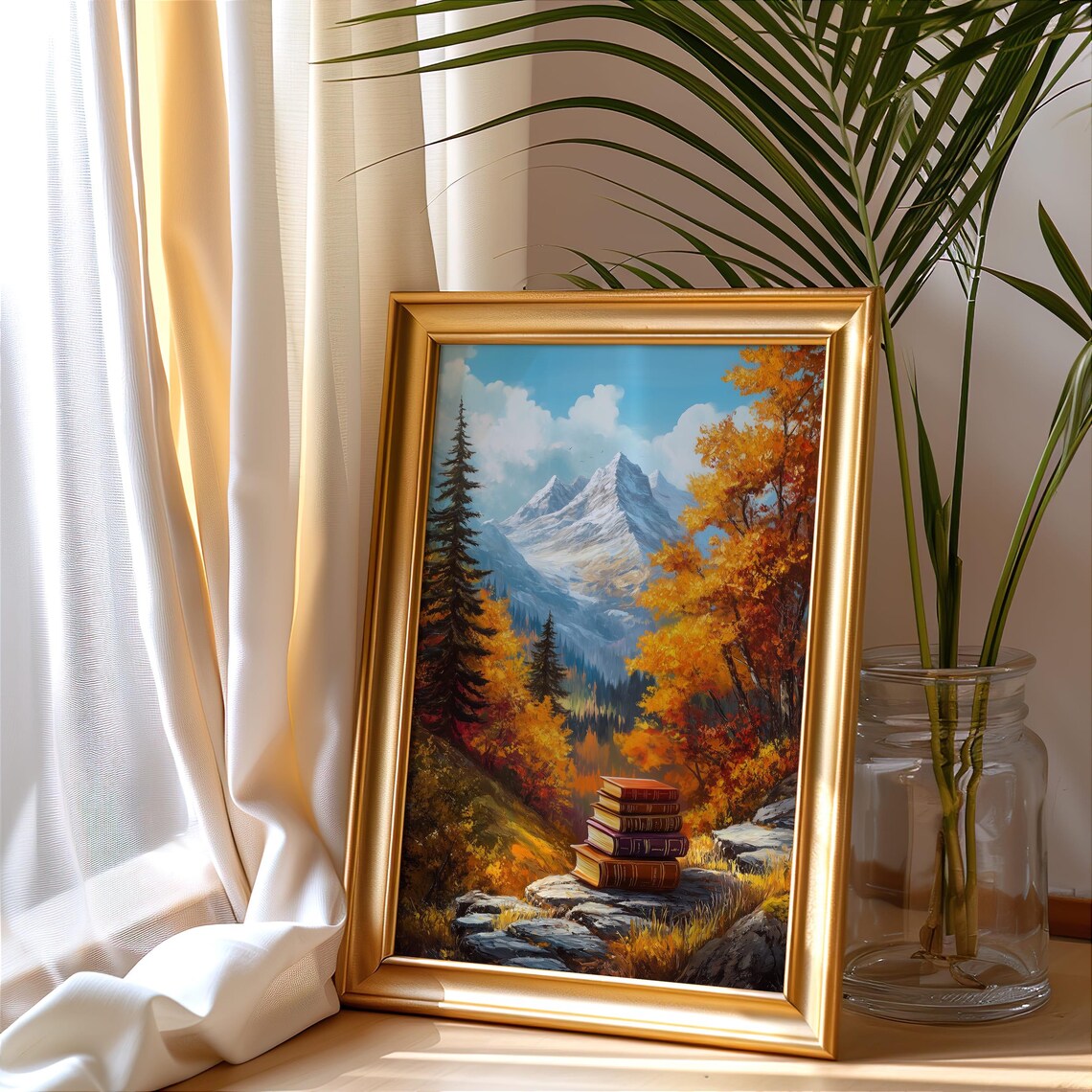 Autumn Mountain Landscape With Stack Of Books On Rocky Outcrop Poster - Image 3