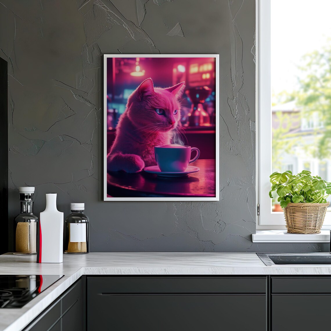 Neon Pink Cat With Coffee Cyberpunk Night Cafe Animal Wall Poster - Image 4