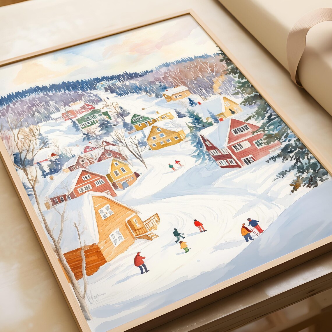 Snowy Winter Village Watercolor Ski Town Scene Holiday Art Poster - Image 5