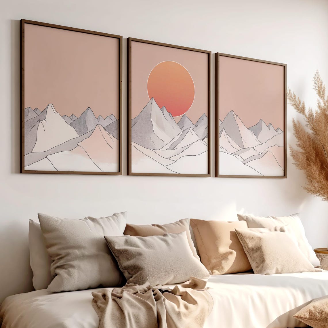 Set of Three Minimalist Line Mountain Art with Blush Sunset Poster - Image 7