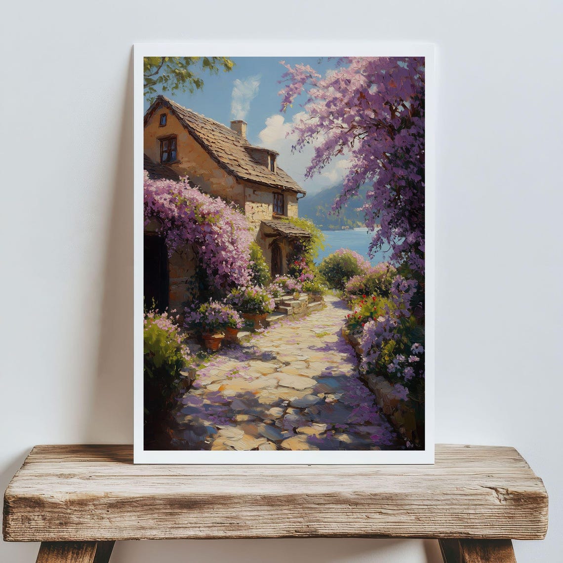 Rustic Stone Cottage With Wisteria By Lake Floral Art Poster - Image 5