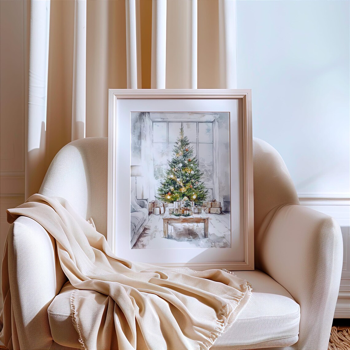 Watercolor Christmas Tree With Lights and Gifts Holiday Art Poster - Image 2