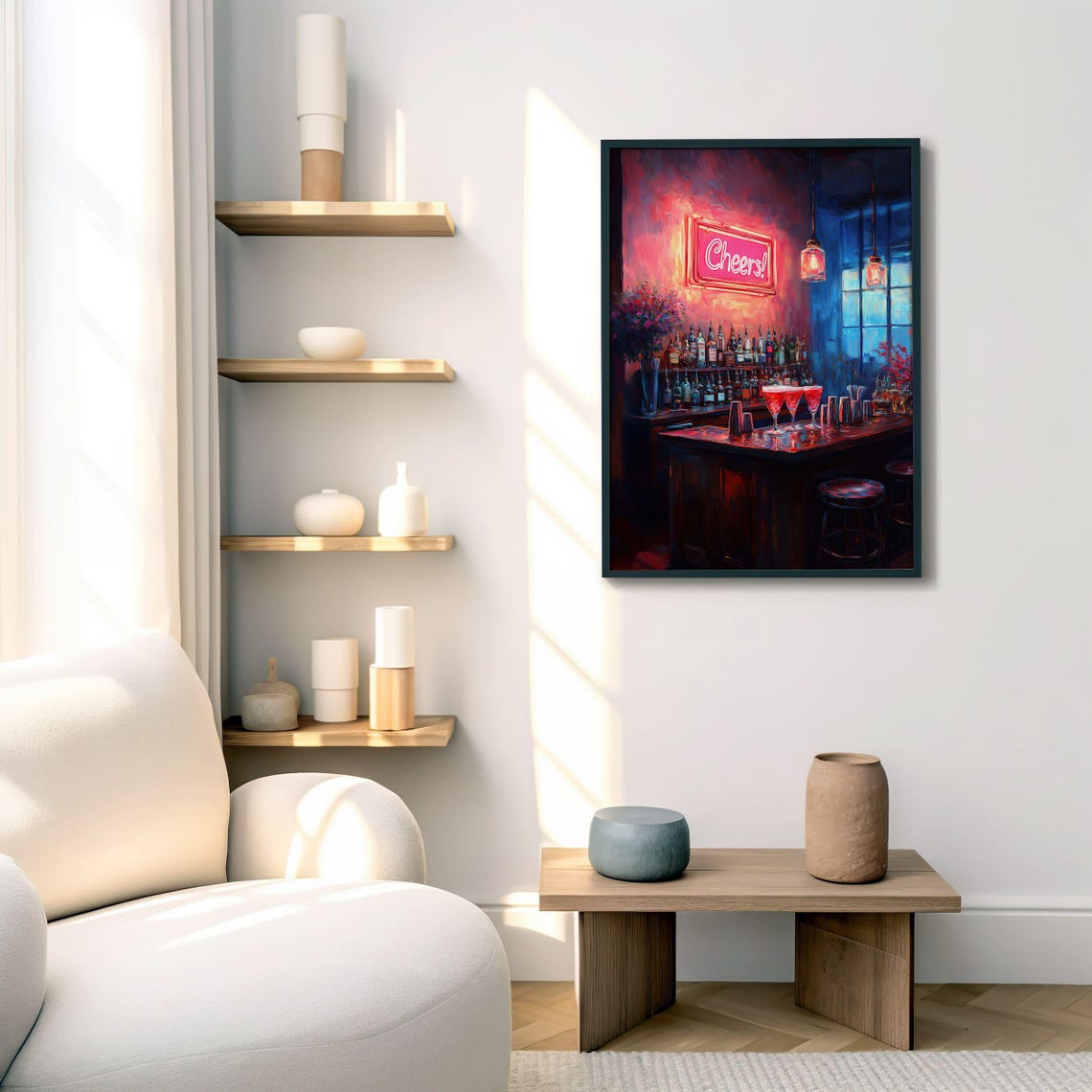 Cheers Neon Sign Over a Retro Cocktail Bar Night Scene Poster - Image 2