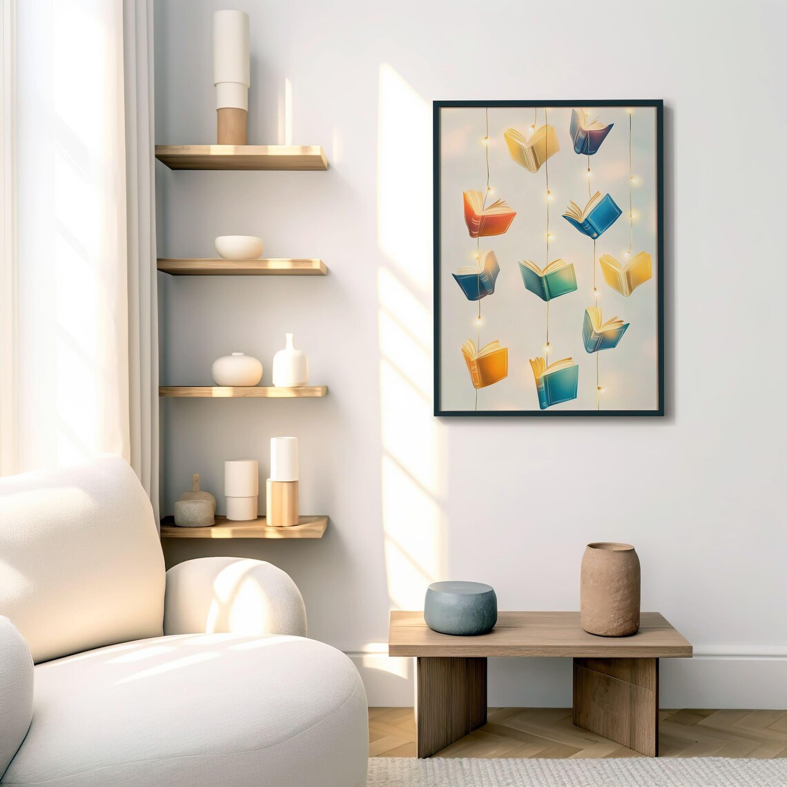 Colorful Floating Books With Fairy Lights Library Art Poster - Image 4