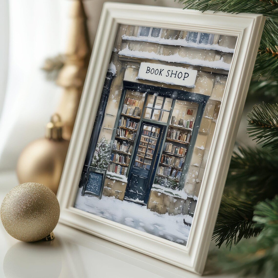 Winter Bookshop Christmas Wall Art, Cozy Print - Image 4