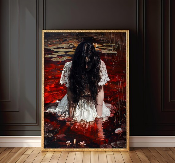 Gothic Woman White Dress Dark Red Water Lily Pond Art Poster