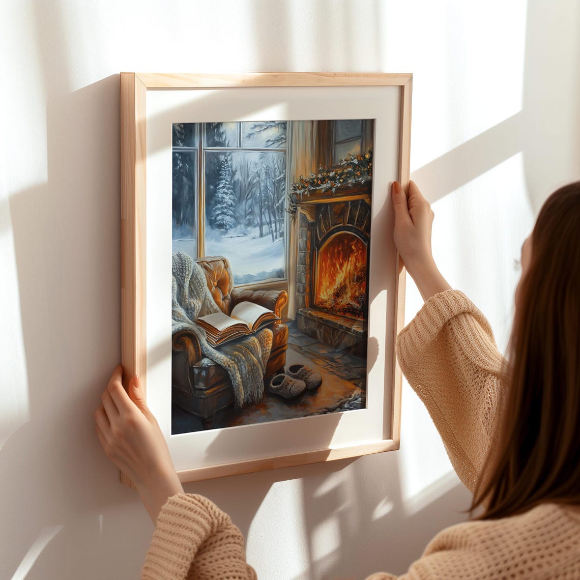 Cozy Reading Nook by Fireplace With Snowy Window View Poster - Image 5