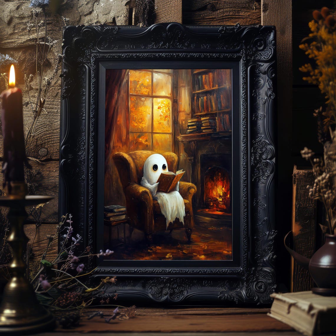 Cozy Ghost Reading by Fireplace in Dark Academia Library Poster - Image 3