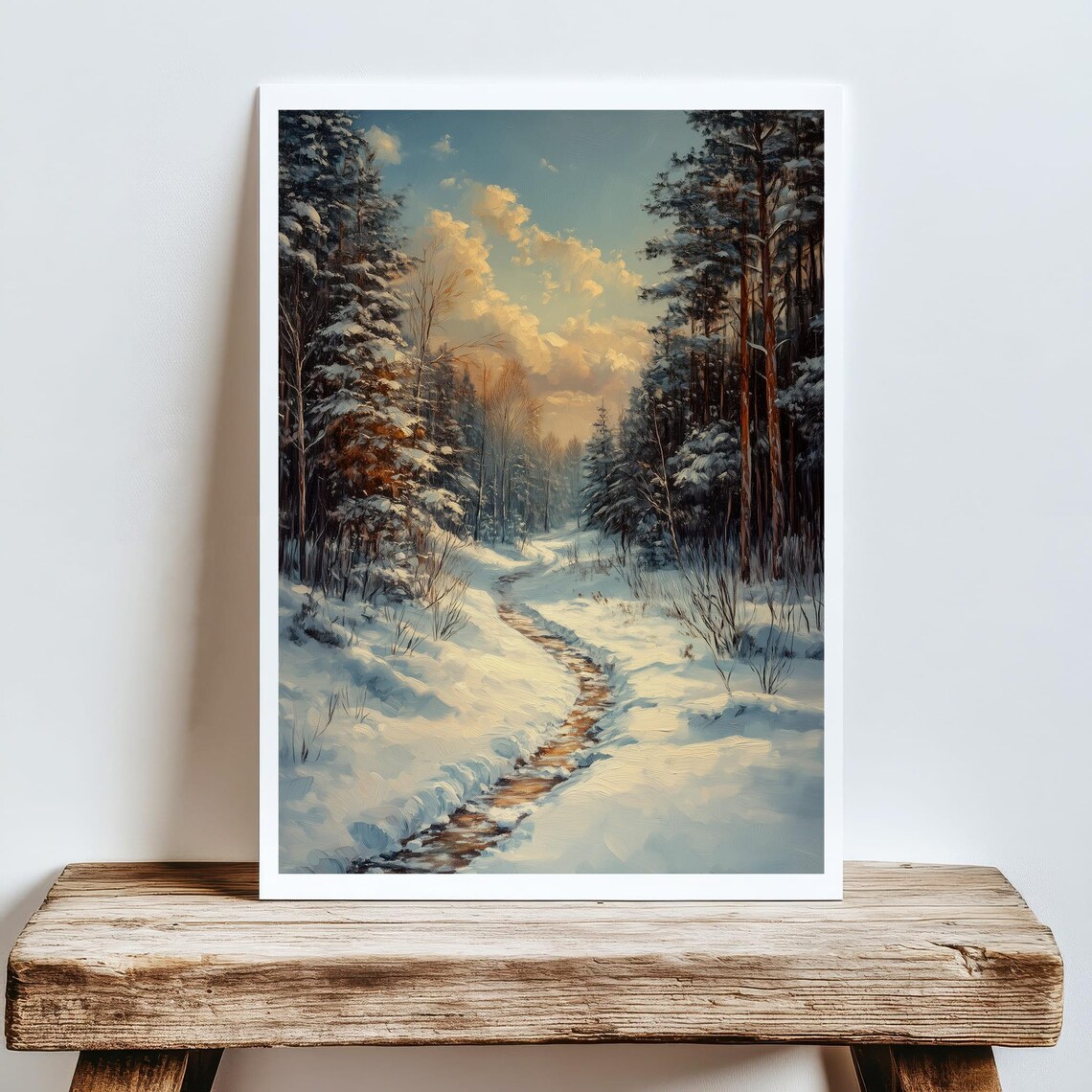 Snowy Winter Forest Path Pines Sunset Sky Serene Nature Landscape Poster - Image 5