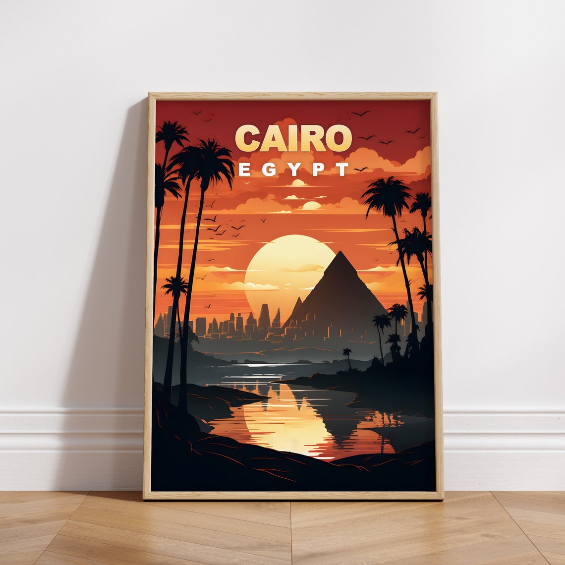 Cairo Egypt Pyramid Sunset Palm Silhouette Retro Travel Poster