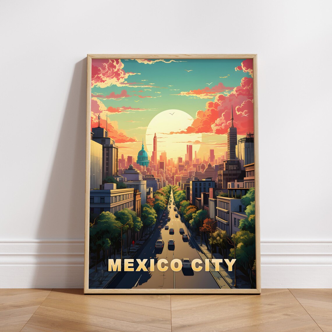 Mexico City Mexico Wide Avenue Sunset Skyline View Travel Poster