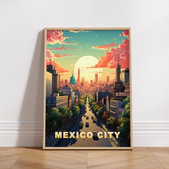 Mexico City Mexico Wide Avenue Sunset Skyline View Travel Poster