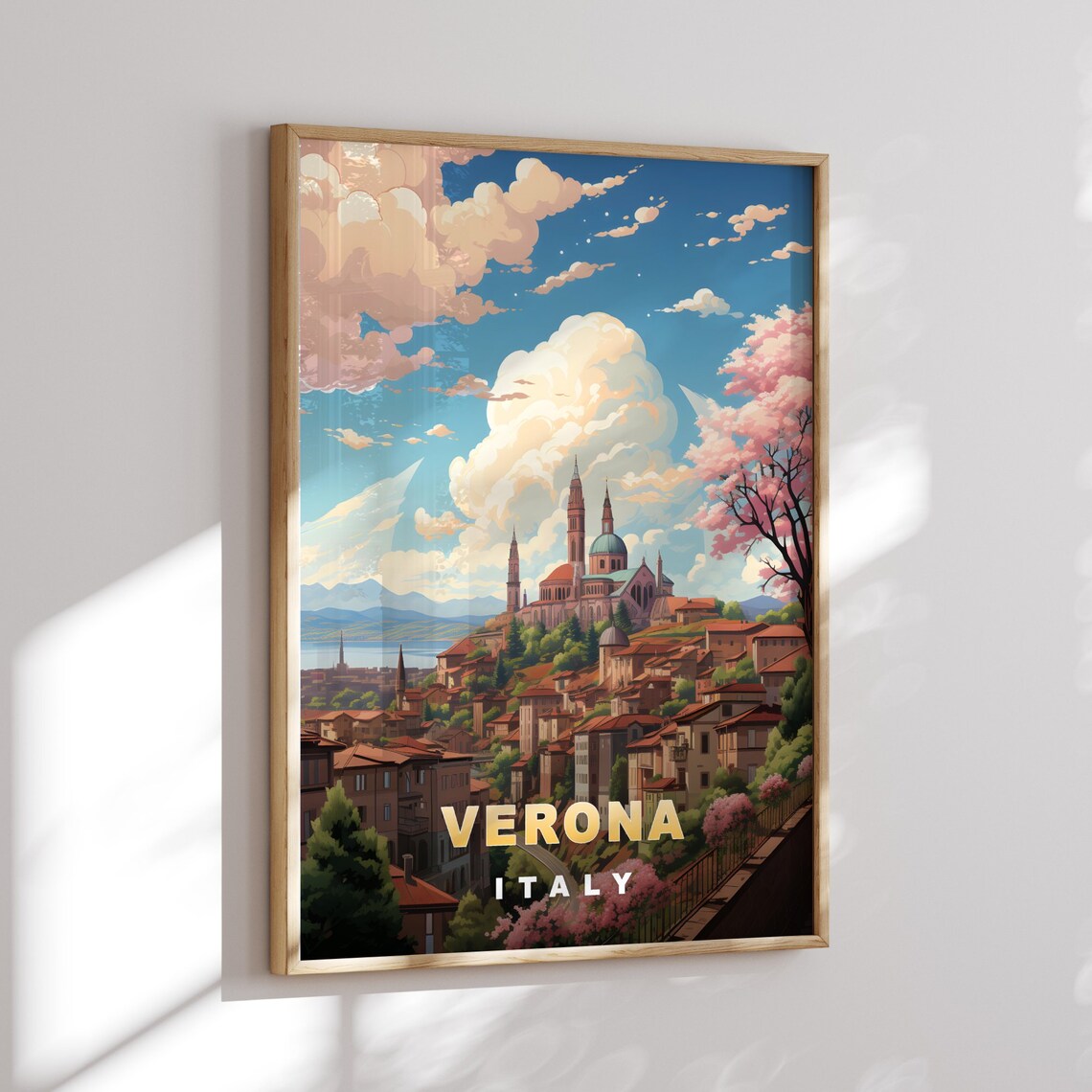 Verona Italy Hillside Old Town Cathedral Blossom Trees Travel Poster - Image 2