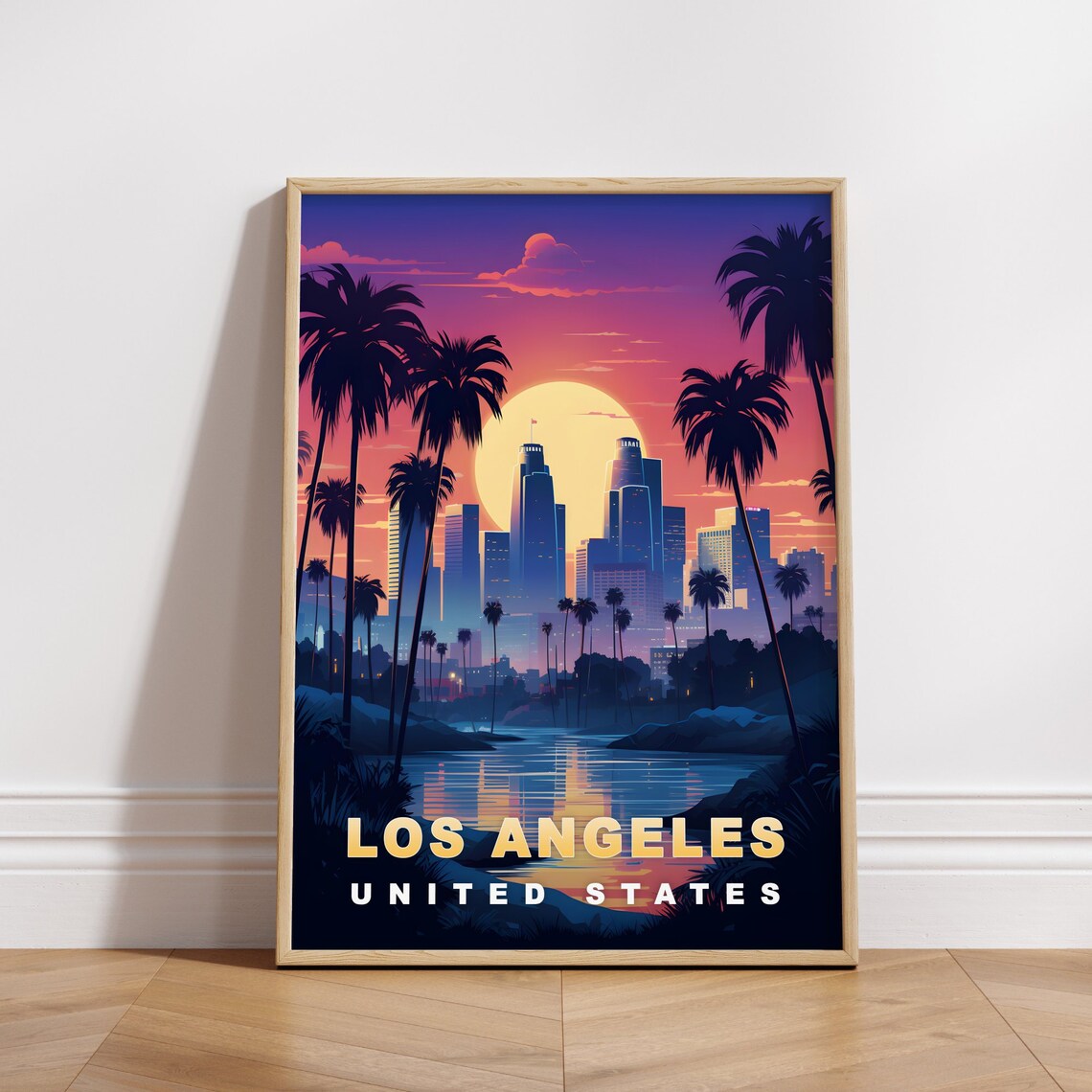 Los Angeles United States Palm Skyline Pink Sunset Travel Poster