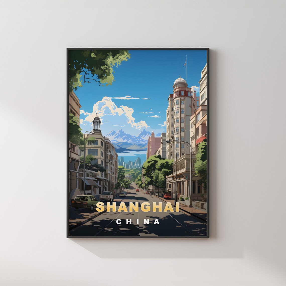 Shanghai China Historic Avenue Mountains Retro Travel Poster - Image 2