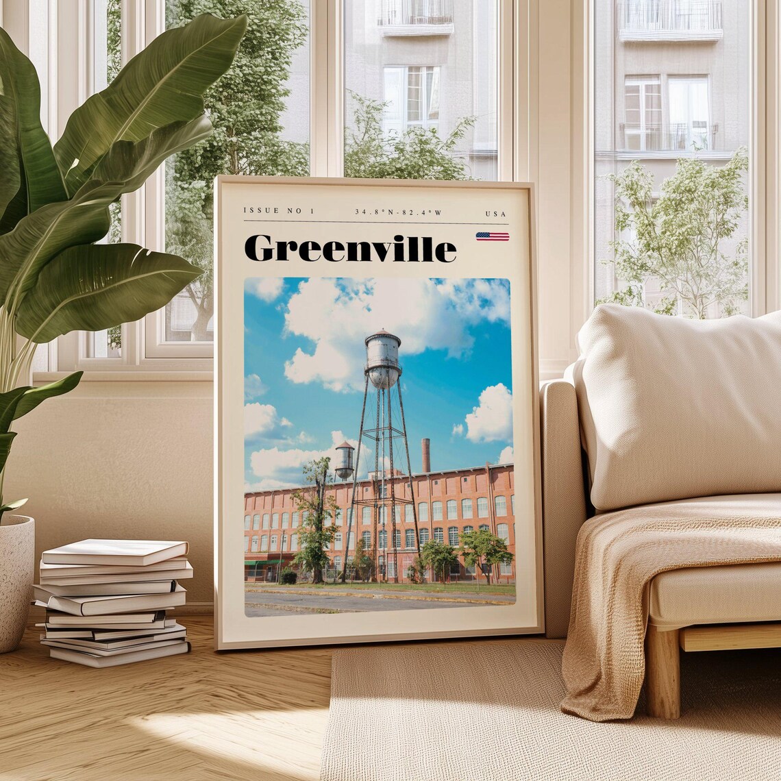 Greenville USA Historic Water Tower Brick Mill Building Travel Poster